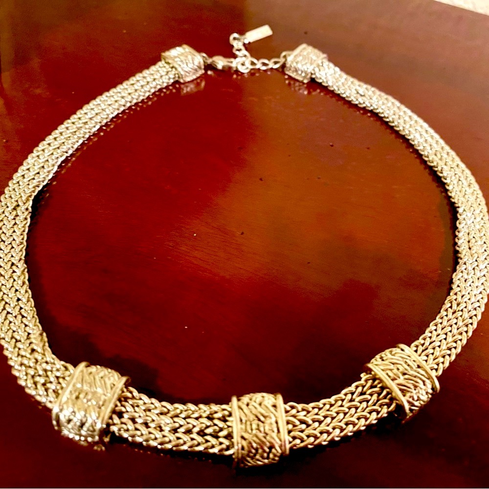 Silver tone mesh statement necklace with three attached pendant accents